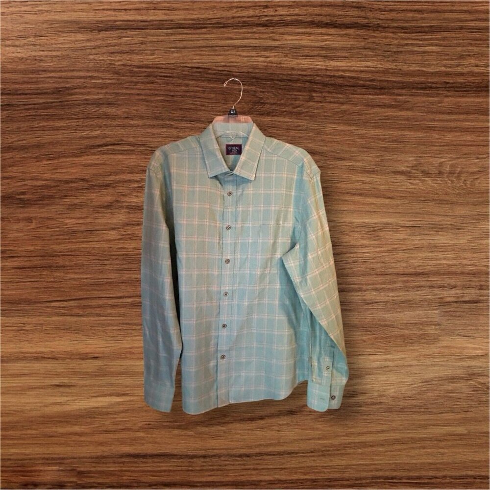 Untuckit Men's Colson WF Mint Green Plaid Button Down Long Sleeve Sz‎ L